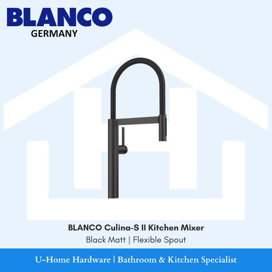 Isolated product cutout of the BLANCO Culina-S II Mixer in Black Matt, highlighting the architectural flexible spring neck and the premium, non-reflective matte finish