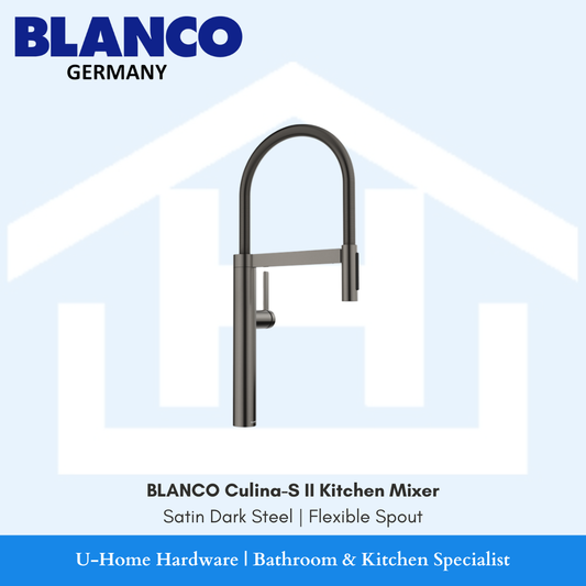 Isolated product cutout of the BLANCO Culina-S II Mixer in Satin Dark Steel, highlighting the tall, professional flexible spring neck and the deep, brushed metallic finish
