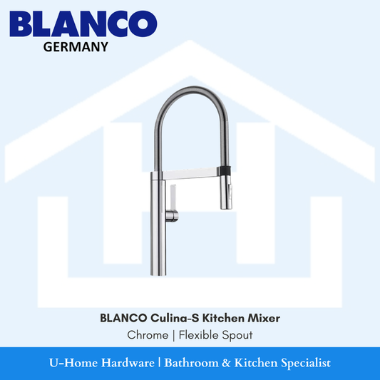 Isolated product cutout of the BLANCO Culina-S Mixer in Chrome, highlighting the iconic flexible stainless steel spring neck and the tall, professional spout design