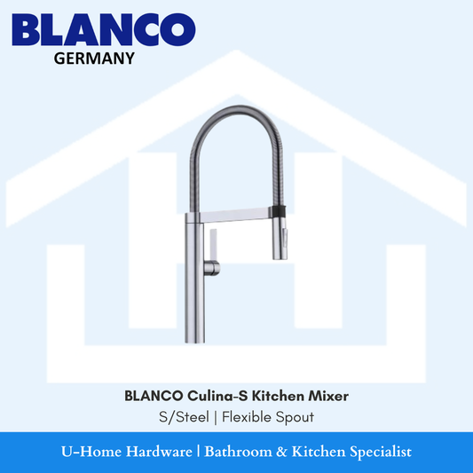 highlighting the iconic flexible stainless steel spring neck and the tall, professional spout design of BLANCO Culina-S Kitchen Mixer
S/Steel | Flexible Spout