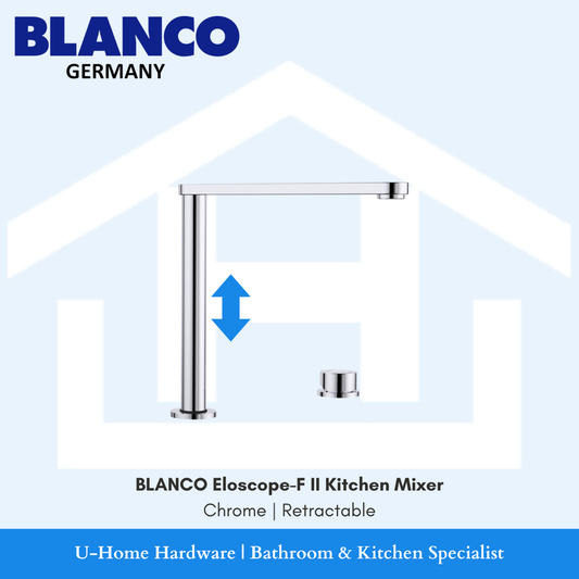 Detailed view of the BLANCO Eloscope-F II body, highlighting the premium mirror-finish Chrome plating and the precision-engineered control lever.