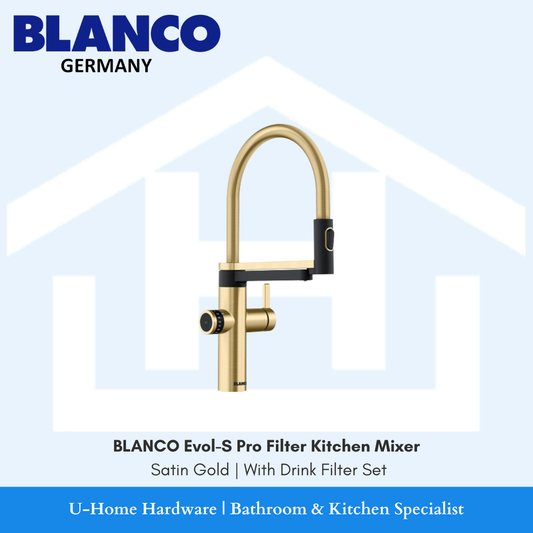 Isolated product cutout of the BLANCO Evol-S Pro Filter Tap in Satin Gold, highlighting the flexible professional spring neck and dual-spout configuration.