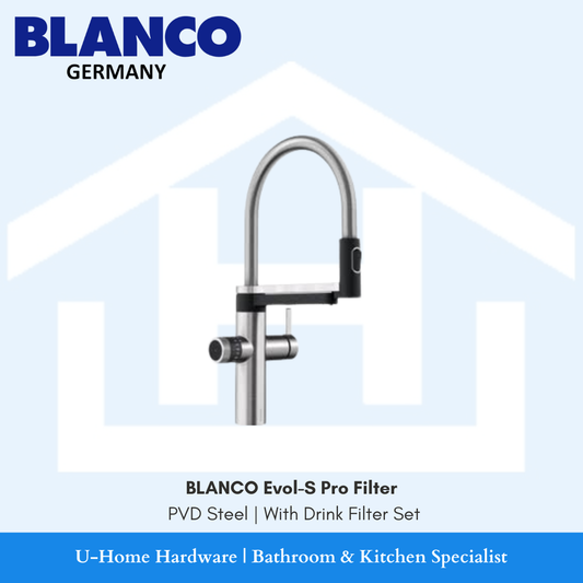 Isolated product cutout of the BLANCO Evol-S Pro Filter Tap in PVD Steel, highlighting the flexible professional spring neck and dual-spout configuration