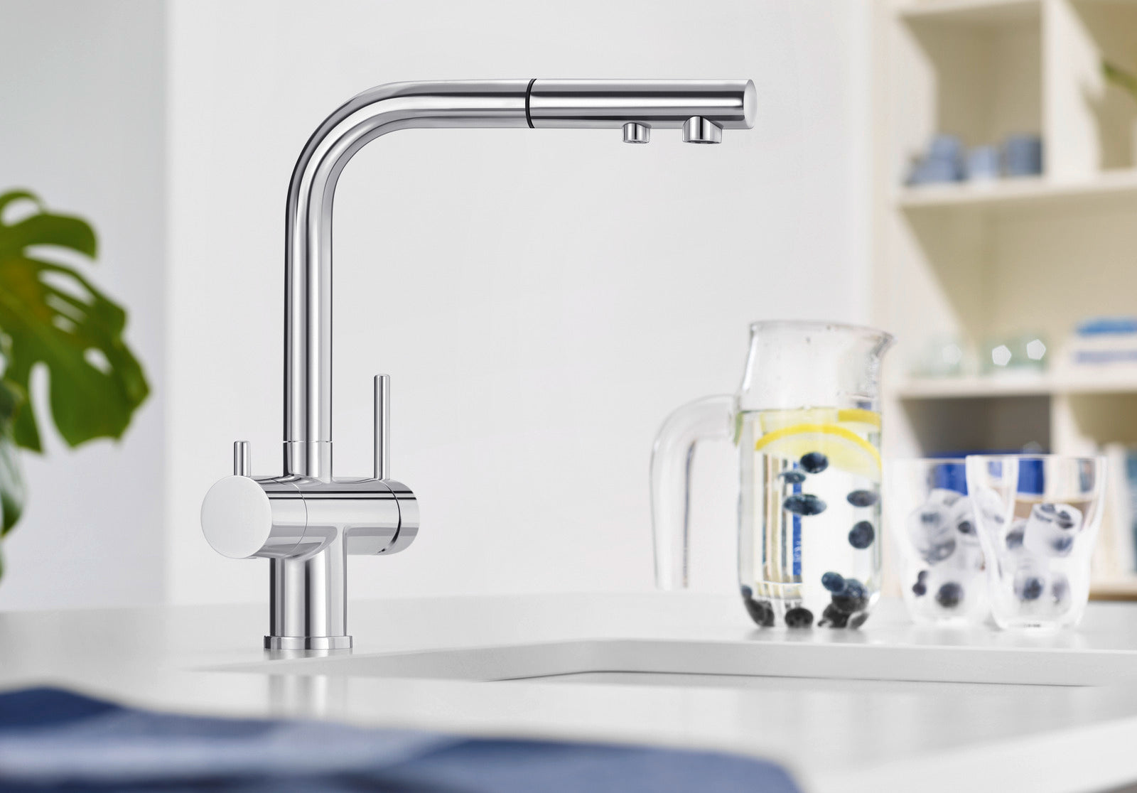 Isolated profile cutout of the BLANCO Fontas-S II Filter Kitchen Mixer in Chrome, showcasing its distinctive dual-spout head designed for delivering both standard hot/cold water and purified filtered drinking water.