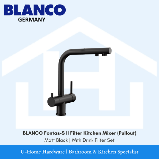 Isolated product cutout of the BLANCO Fontas-S II Filter Mixer in Matt Black, highlighting the sleek L-shaped neck and the integrated dual-control levers for mains and filtered water