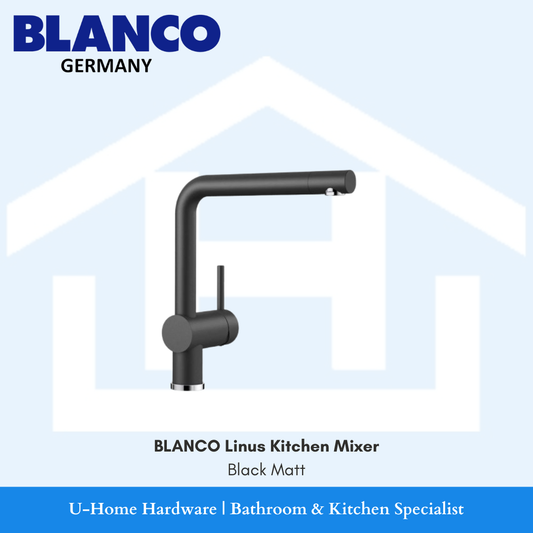 Isolated product cutout of the BLANCO Linus Mixer in Black Matt, highlighting the signature clean L-shaped neck and the high-clearance spout designed for large pots