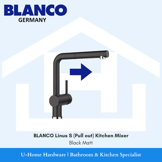 Professional product shot of the Black Matt BLANCO Linus-S, highlighting the clean horizontal spout and the high-clearance neck designed for large cookware