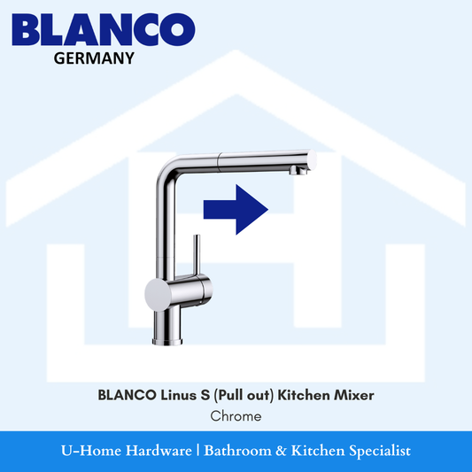 Professional product shot of the Chrome BLANCO Linus-S, highlighting the clean horizontal spout and the high-clearance neck. illustrating the 360-degree swivel range and the extendable spray head