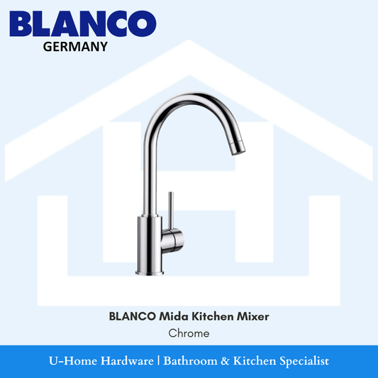 Isolated product cutout of the BLANCO Mida Mixer in Chrome, highlighting the elegant high-arched neck