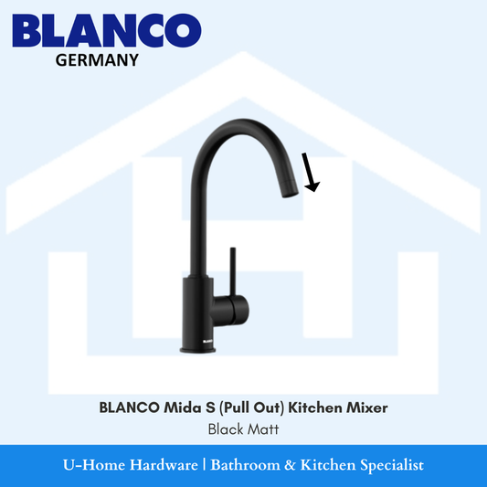 Professional product shot of the Black Matt BLANCO Mida-S, highlighting the elegant curved neck and high-clearance spout