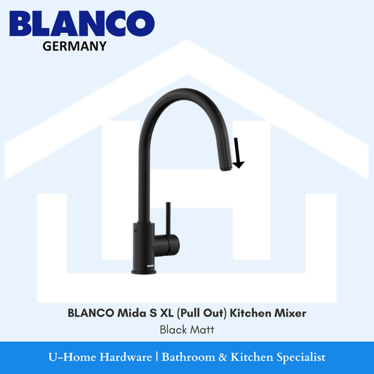 Side-profile cutout focusing on the BLANCO Mida-S XL base, showcasing the slender pillar and the hidden pull-out hose mechanism for a clean, minimalist look.