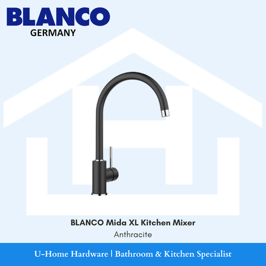 Detailed close-up of the BLANCO Mida XL base, emphasizing the premium Anthracite SILGRANIT-look coating and the sleek, minimalist single-lever control.