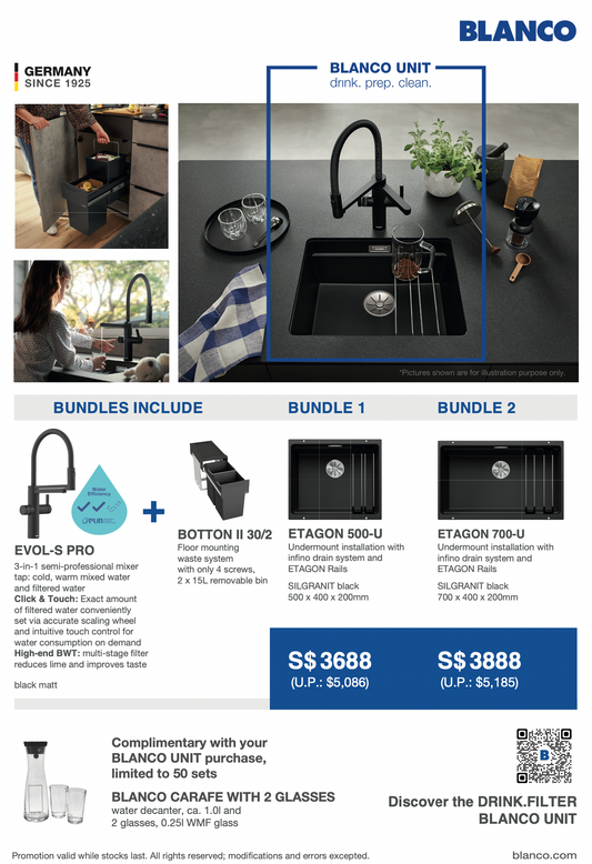 Promotional image for BLANCO Evol-S Pro and Etagon 500-U/700-U sinks featuring a mixer tap, with a matte black finish and including a bonus set of 500ml and 700ml bottles.