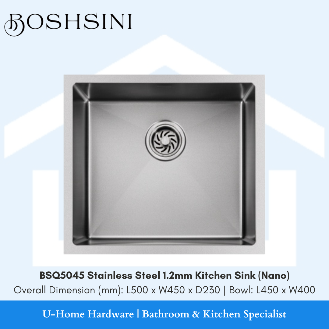 A stainless steel kitchen sink with a nano coating, overall dimension 500 x 450 x 230 mm, bowl 450 x 400 mm, displayed against a branded background.

boshsini bsq5045 stainless steel sink