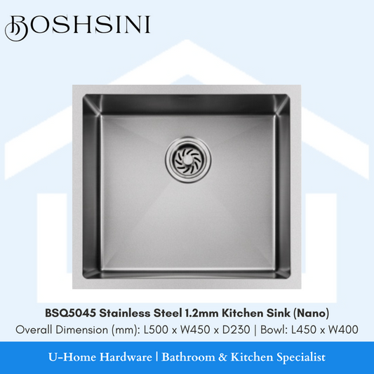 A stainless steel kitchen sink with a nano coating, overall dimension 500 x 450 x 230 mm, bowl 450 x 400 mm, displayed against a branded background.

boshsini bsq5045 stainless steel sink
