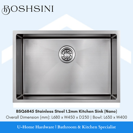 A stainless steel kitchen sink with a nano coating, featuring a rectangular bowl and a central drain, with dimensions labeled as 6845mm L x 450mm W x 230mm D, and a bowl depth of 630mm.