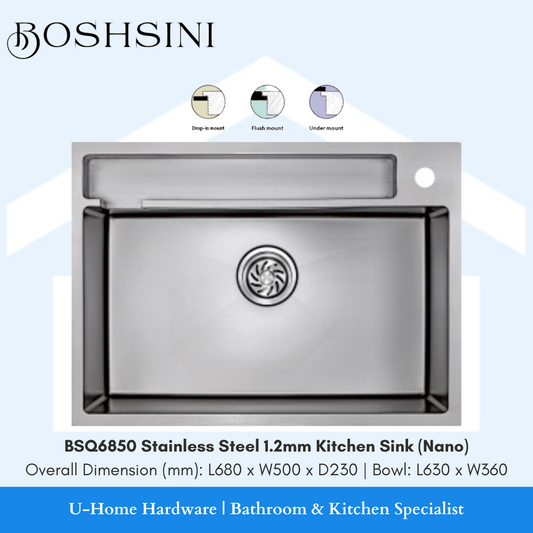 Stainless steel kitchen sink with a single bowl, nano thickness, from BOSHSINI.
