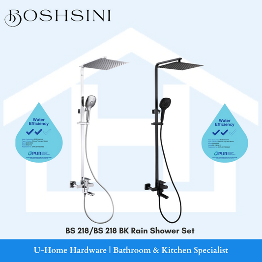 A promotional image featuring two rain shower sets by BOSHSINI, one in chrome and one in matt black finish, displayed against a white background with graphical icons indicating water efficiency.