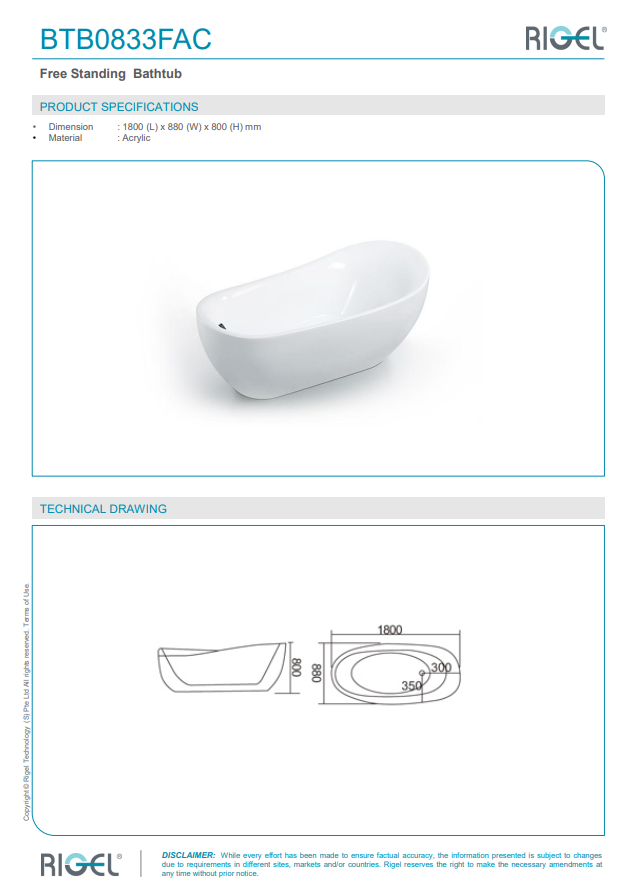 BTB0833FAC Free Standing Bathtub product specifications and technical drawing.