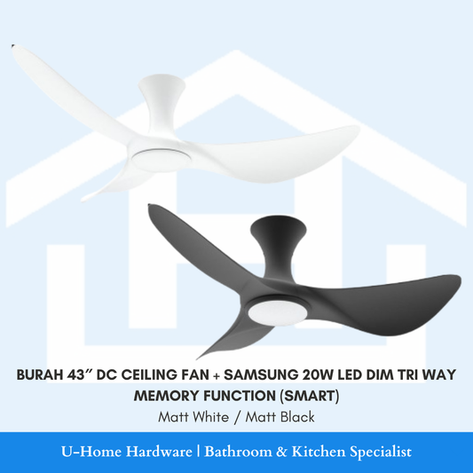 Detailed product cutout of the BURAH 43″ fan's center assembly, emphasizing the sleek integration of the Samsung 20W LED kit and the energy-efficient DC motor casing.