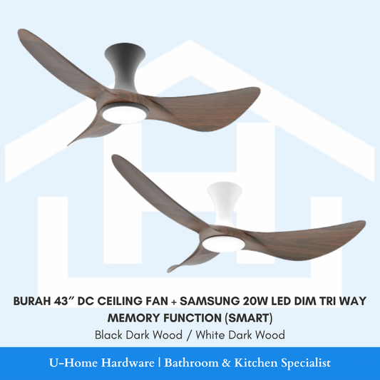 Professional product cutout of the BURAH 43″ DC Ceiling Fan black dark wood and white dark wood, showcasing its sleek three-blade aerodynamic design and a central integrated Samsung 20W LED light kit