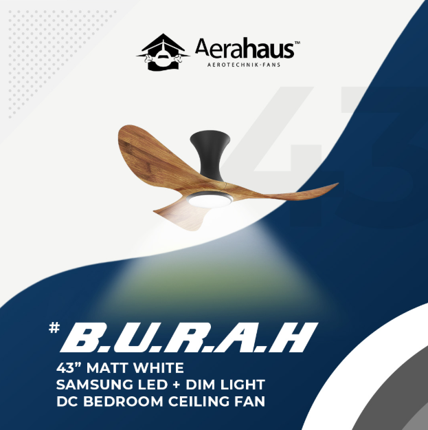 BURAH 43″ DC CEILING FAN + SAMSUNG 20W LED DIM TRI WAY MEMORY FUNCTION (SMART) black dark wood advertisement poster