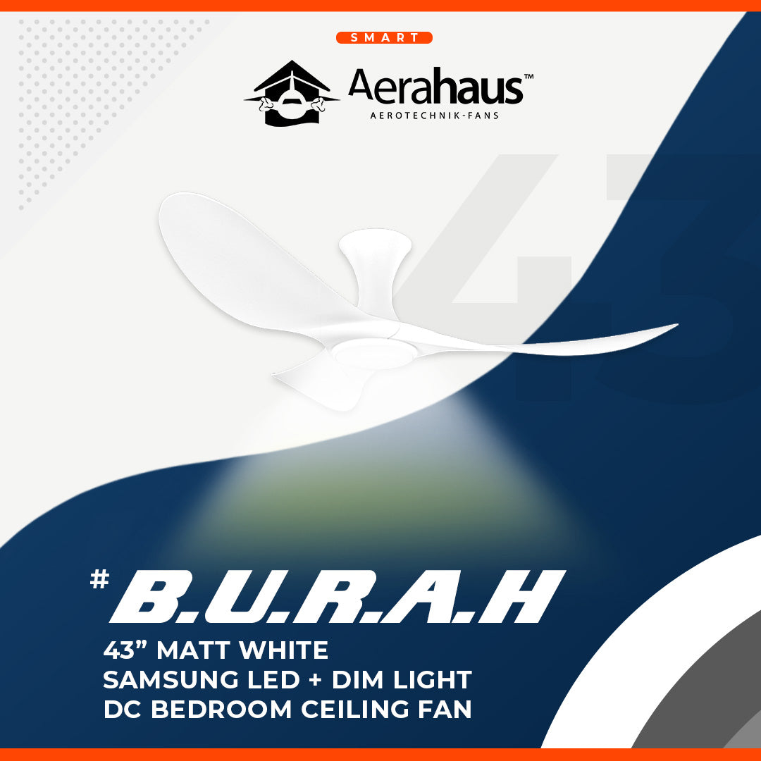 BURAH 43″ DC CEILING FAN + SAMSUNG 20W LED DIM TRI WAY MEMORY FUNCTION (SMART) matt white advertisement post