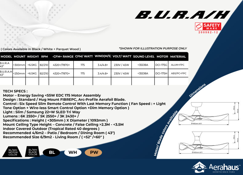 BURAH 43″ DC CEILING FAN + SAMSUNG 20W LED DIM TRI WAY MEMORY FUNCTION (SMART) safety mark and tech specs