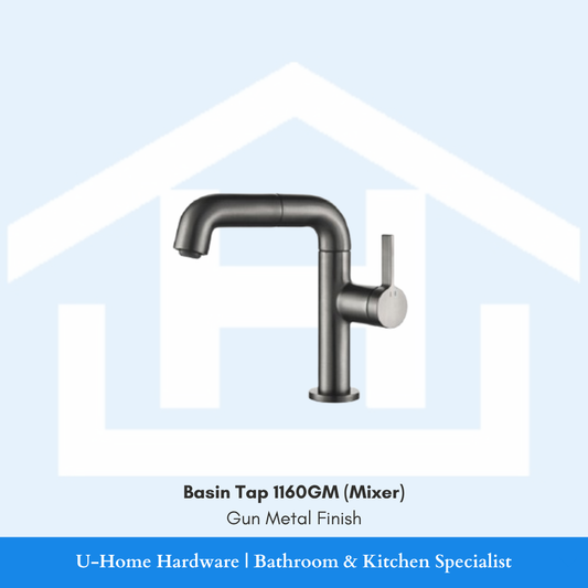 1160GM premium basin mixer tap in a brushed Gun Metal finish with a single-lever handle.