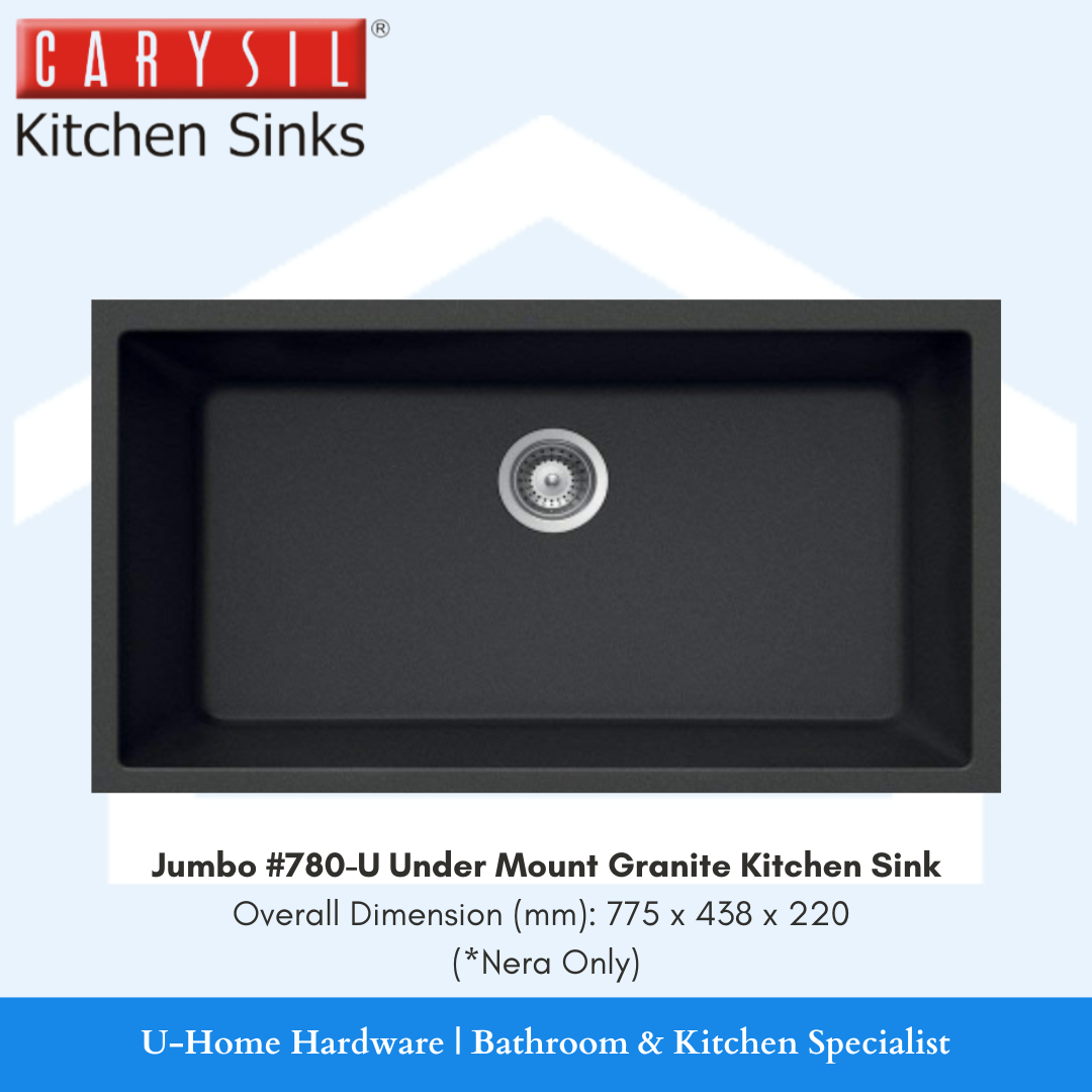 A black CARYSIL undercount granite kitchen sink, with dimensions indicated as 770mm x 438mm x 220mm.