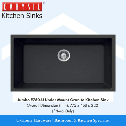 A black CARYSIL undercount granite kitchen sink, with dimensions indicated as 770mm x 438mm x 220mm.