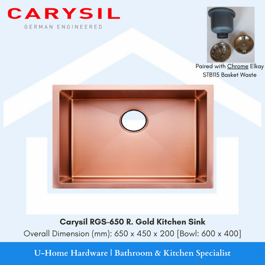 A gold-colored CARYSIL RGS-650 kitchen sink with a chrome basket waste, displayed against a white background with a house icon, indicating it is a product for indoor use in a kitchen setting.