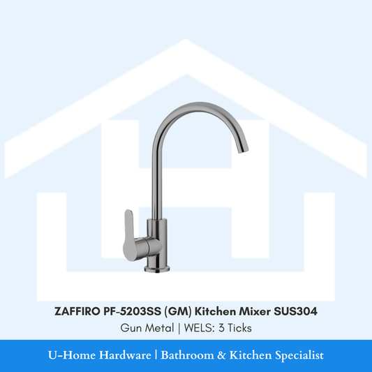 Front profile of the ZAFFIRO PF-5203SS (GM) Gun Metal kitchen mixer, featuring a high-arc C-spout and durable 304-grade stainless steel construction