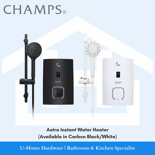 CHAMPS Astra Instant Water Heater in white and carbon black colors, including hand shower