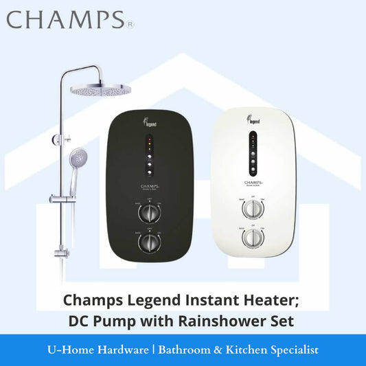 CHAMPS Legend Instant Heater with DC Pump and Rainshower Set, displayed in black and white colors 