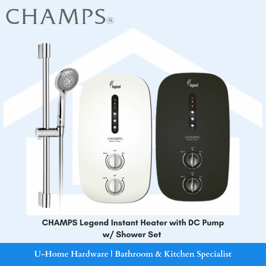 CHAMPS Legend Instant Heater with DC Pump, shown in white and black colors, with a hand shower set.