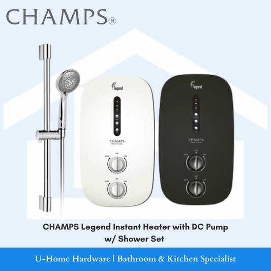 CHAMPS Legend Instant Heater with DC Pump, shown in white and black colors, with a hand shower set.