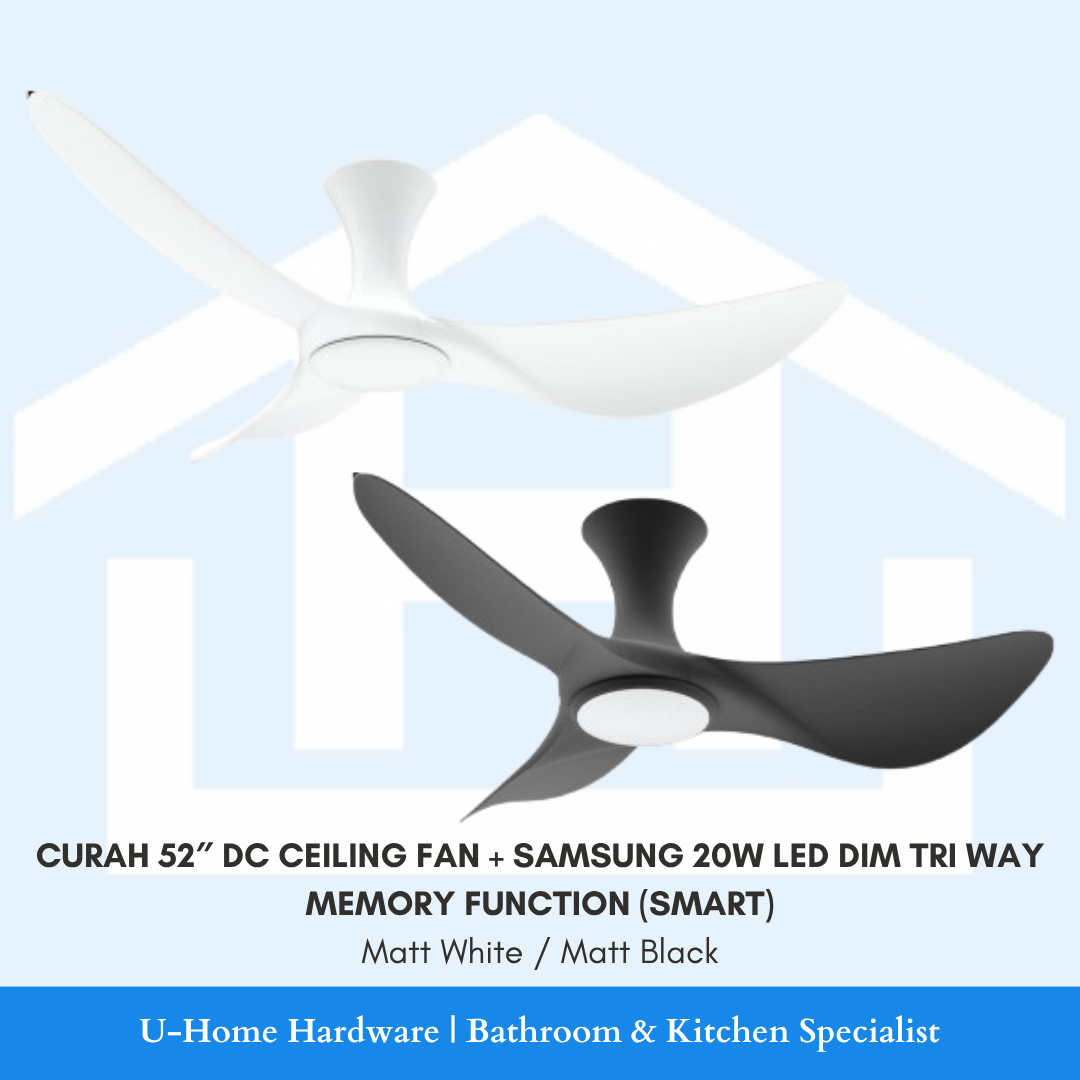 Professional product cutout of the CURAH 52″ DC Ceiling Fan, showcasing its expansive three-blade aerodynamic design and a central integrated Samsung 20W LED light kit. matt black and matt white