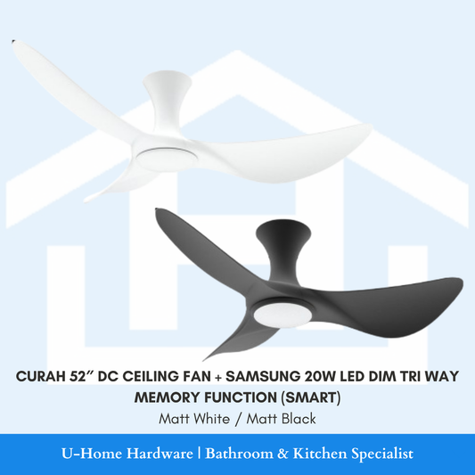 Professional product cutout of the CURAH 52″ DC Ceiling Fan, showcasing its expansive three-blade aerodynamic design and a central integrated Samsung 20W LED light kit. matt black and matt white