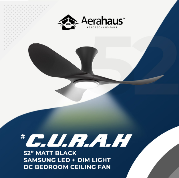 CURAH 52″ DC CEILING FAN + SAMSUNG 20W LED DIM TRI WAY MEMORY FUNCTION (SMART) advertisement poster matt balck