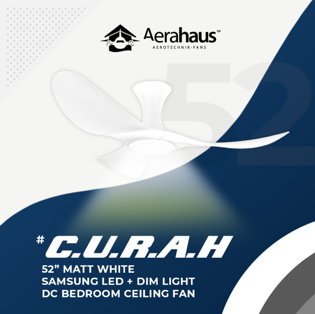 Professional product cutout of the CURAH 52″ DC Ceiling Fan, showcasing its expansive three-blade aerodynamic design and a central integrated Samsung 20W LED light kit. matt white advertisement poster