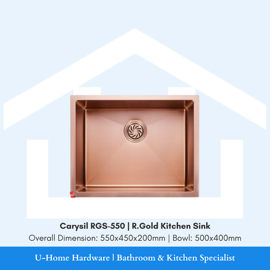 Top-down view of the 550x450mm Carysil RGS-550, illustrating the spacious 500x400mm inner bowl area designed for high-performance Singaporean kitchens.