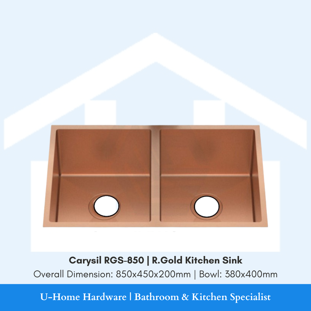 Isolated product cutout of the Carysil RGS-850 Rose Gold Sink, highlighting the expansive 850mm single-bowl width