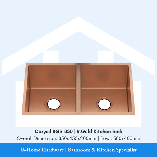 Isolated product cutout of the Carysil RGS-850 Rose Gold Sink, highlighting the expansive 850mm single-bowl width