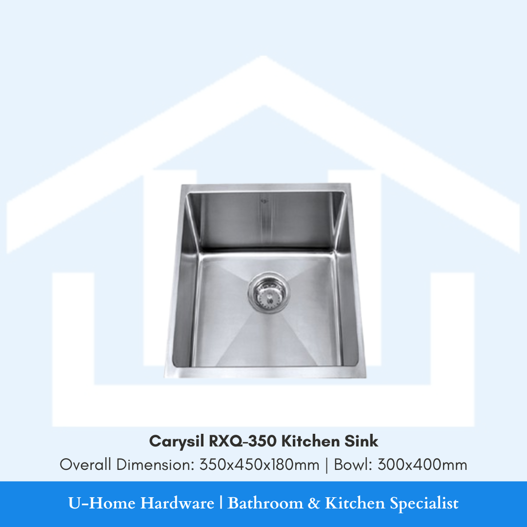Professional top-down shot of the Carysil RXQ-350, showcasing the 350x450mm overall dimensions and the optimized 300x400mm bowl area for small spaces
