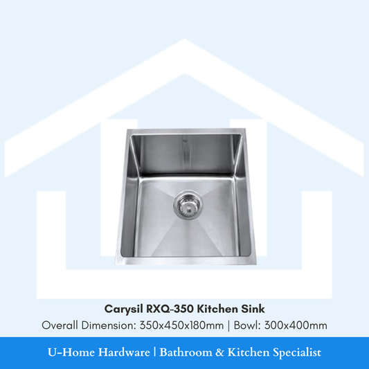 Professional top-down shot of the Carysil RXQ-350, showcasing the 350x450mm overall dimensions and the optimized 300x400mm bowl area for small spaces