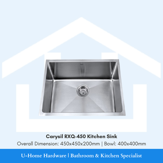 Top-down view of the 450x450mm Carysil RXQ-450, illustrating the optimized 400x400mm inner bowl area designed for maximum efficiency in modern kitchens.