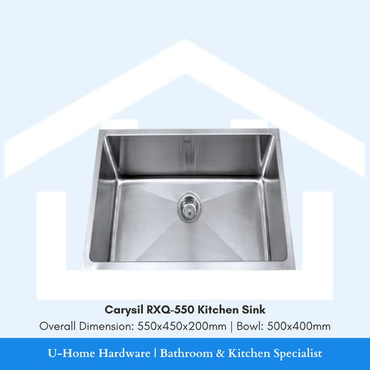 Top-down view of the 550x450mm Carysil RXQ-550, illustrating the spacious 500x400mm inner bowl area designed for high-volume Singaporean kitchens