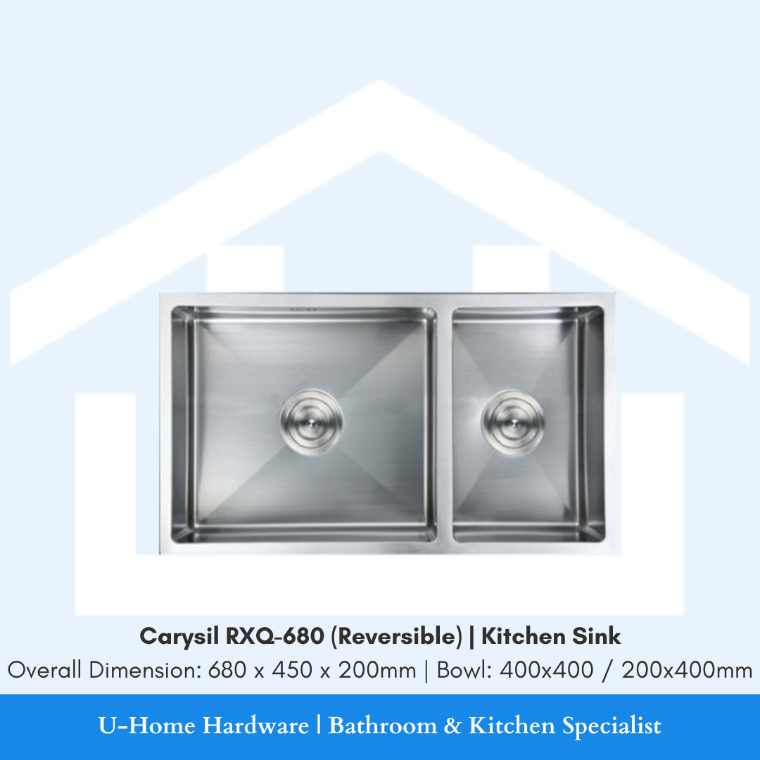 Product cutout of the Carysil RXQ-680 Quartz Sink, showcasing the reversible 680mm design that allows the bowl to be installed on either the left or right side to suit your kitchen layout.
