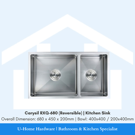 Product cutout of the Carysil RXQ-680 Quartz Sink, showcasing the reversible 680mm design that allows the bowl to be installed on either the left or right side to suit your kitchen layout.